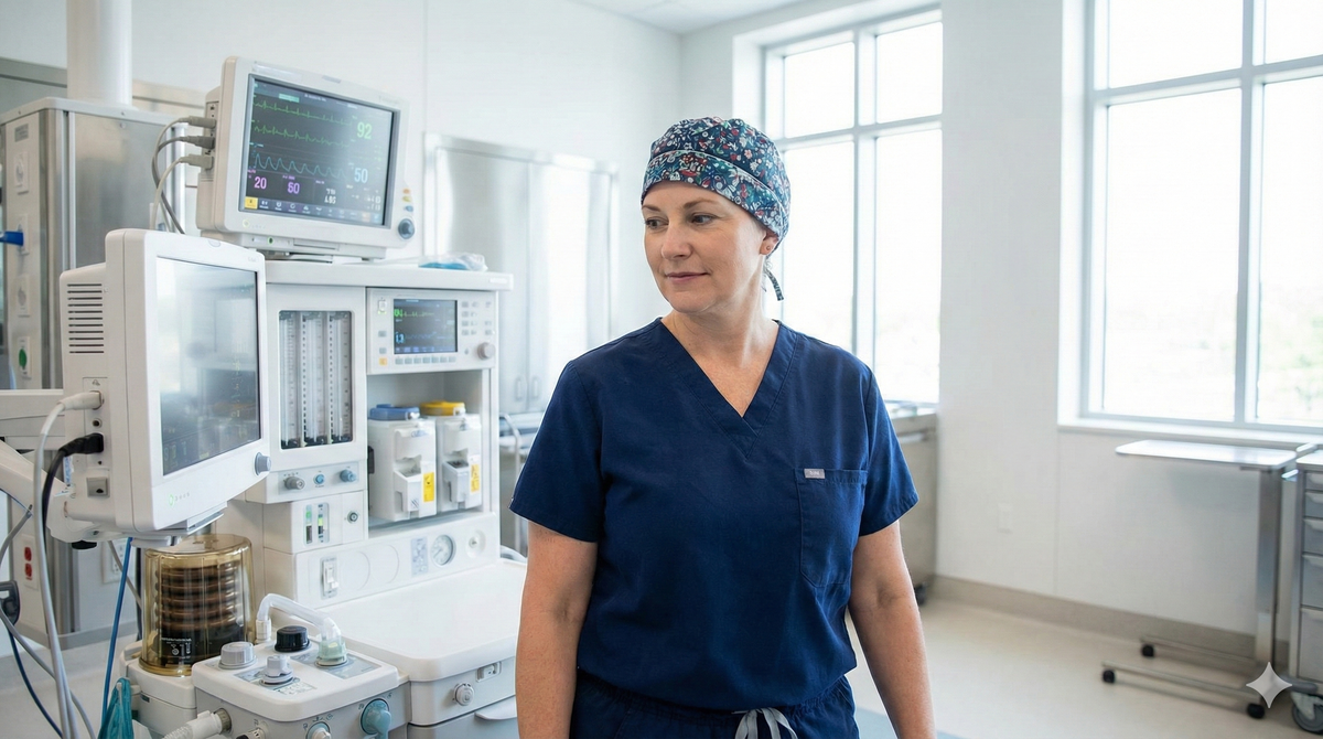 Certified Registered Nurse Anesthetist reviewing anesthesia monitors in an operating room