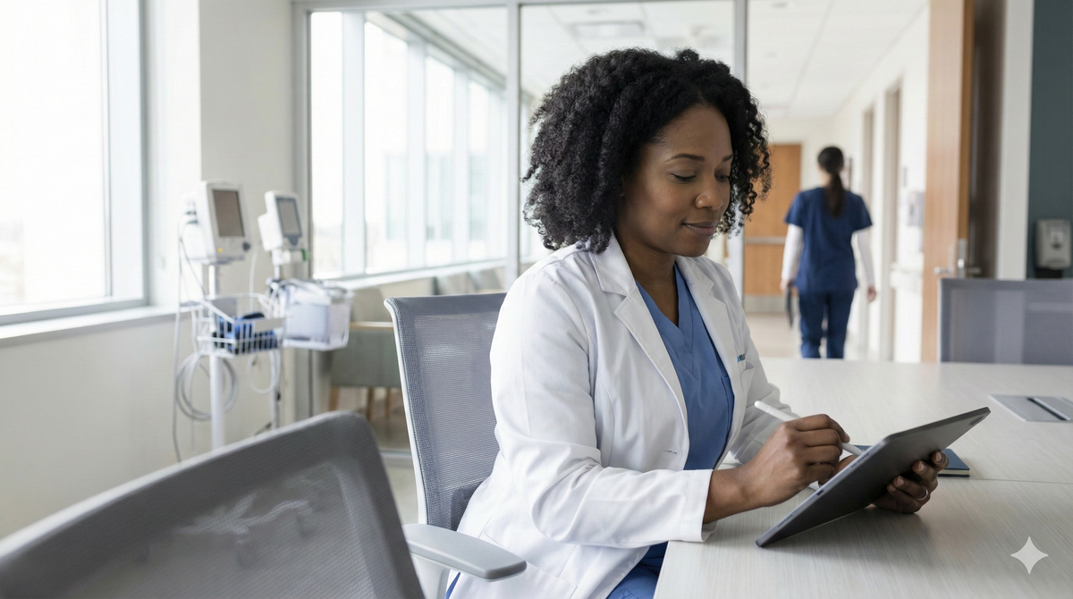 Certified Registered Nurse Anesthetist reviewing work options in a hospital setting
