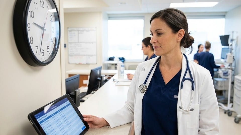 Certified Registered Nurse Anesthetist reviewing schedule and hourly pay in a hospital setting