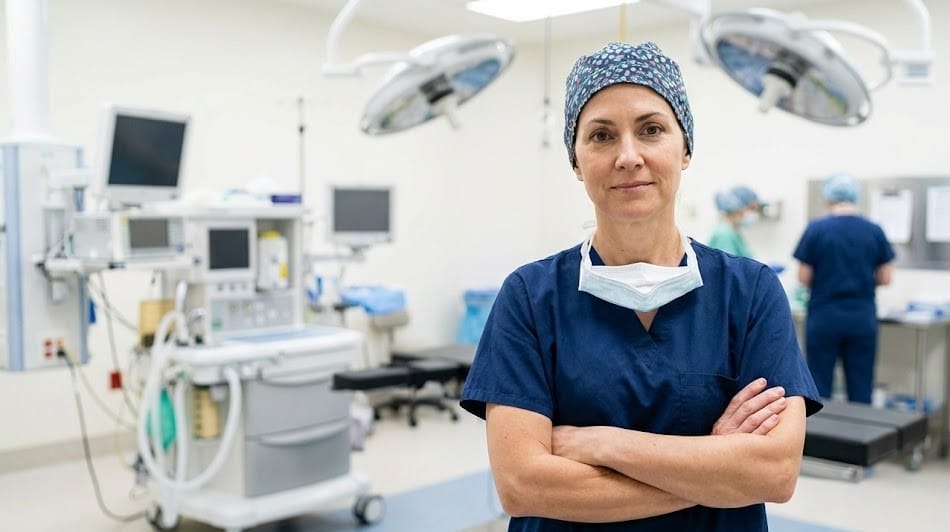 Certified Registered Nurse Anesthetist in scrubs in a hospital setting