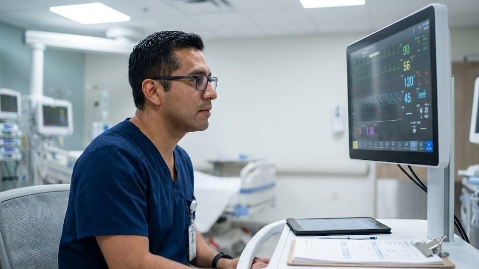 ICU nurse preparing for CRNA school requirements in a hospital setting