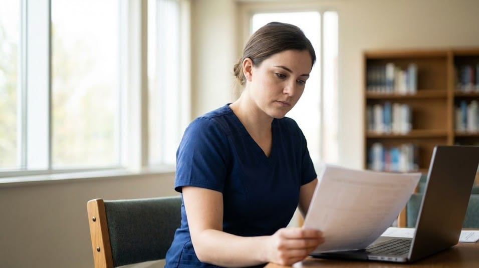 ICU nurse reviewing CRNA school application feedback and planning next steps