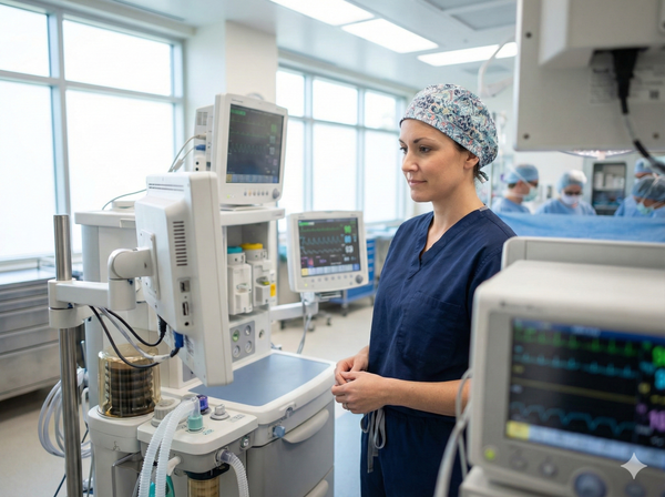 Certified Registered Nurse Anesthetist monitoring anesthesia in an operating room