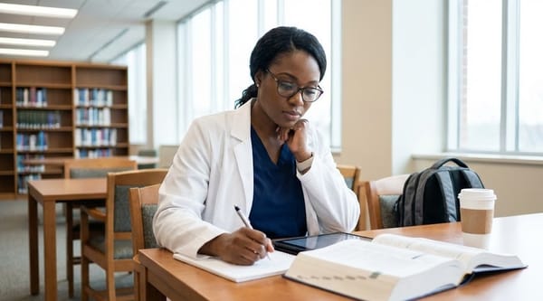 CRNA student reviewing coursework in a medical or academic setting