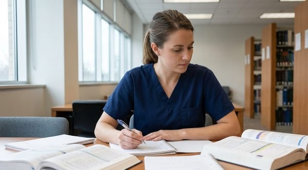 ICU nurse reviewing prerequisite coursework for CRNA school